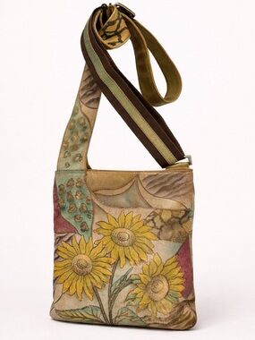 Anuschka Hand Painted Leather Crossbody Sunflower Floral Bag 8.5x10
